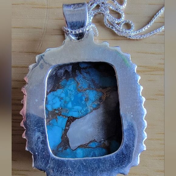 SOUTHWEST Copper Turquoise Spiny Oyster Sterling Silver Pendant & Necklace. - Picture 5 of 7